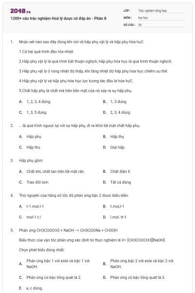 1200+ câu trắc nghiệm Hoá lý dược có đáp án - Phần 8