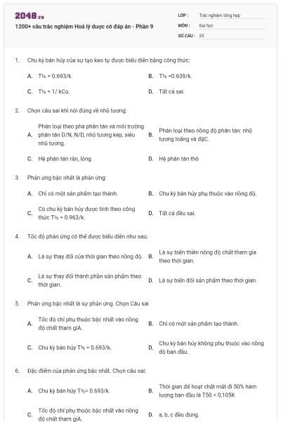 1200+ câu trắc nghiệm Hoá lý dược có đáp án - Phần 9