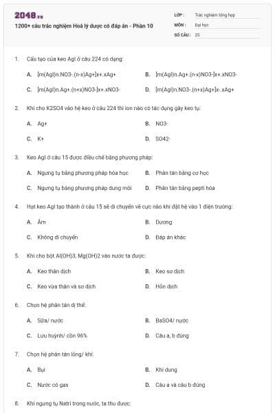 1200+ câu trắc nghiệm Hoá lý dược có đáp án - Phần 10