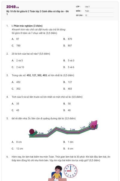 Bộ 10 đề thi giữa kì 2 Toán lớp 2 Cánh diều có đáp án - Đề 1