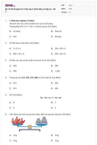Bộ 10 đề thi giữa kì 2 Toán lớp 2 Cánh diều có đáp án - Đề 2