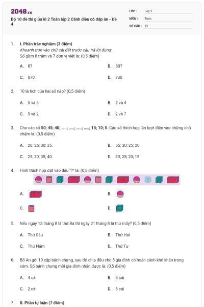 Bộ 10 đề thi giữa kì 2 Toán lớp 2 Cánh diều có đáp án - Đề 4