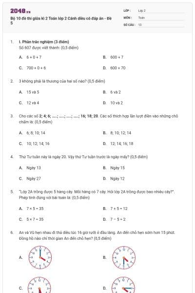Bộ 10 đề thi giữa kì 2 Toán lớp 2 Cánh diều có đáp án - Đề 5