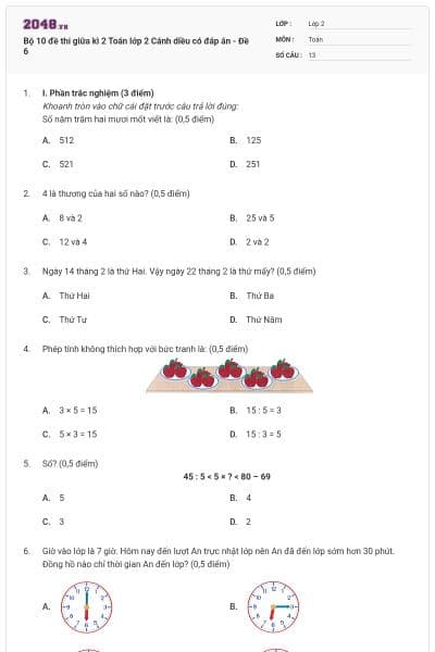 Bộ 10 đề thi giữa kì 2 Toán lớp 2 Cánh diều có đáp án - Đề 6