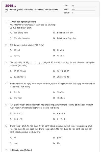 Bộ 10 đề thi giữa kì 2 Toán lớp 2 Cánh diều có đáp án - Đề 7