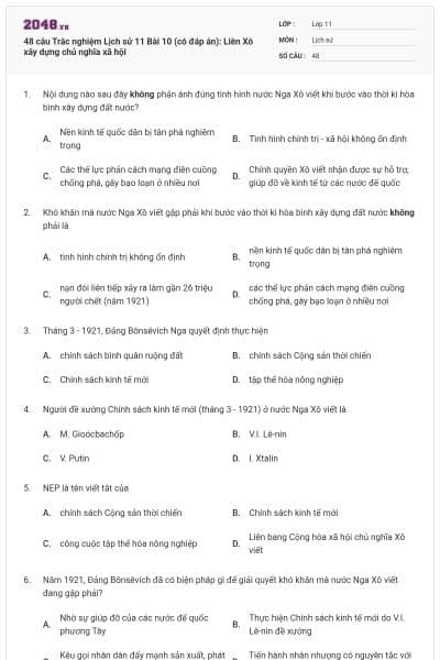 48 câu  Trắc nghiệm Lịch sử 11 Bài 10 (có đáp án): Liên Xô xây dựng chủ nghĩa xã hội