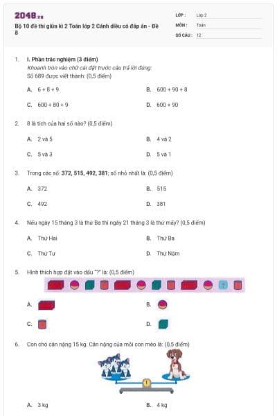 Bộ 10 đề thi giữa kì 2 Toán lớp 2 Cánh diều có đáp án - Đề 8