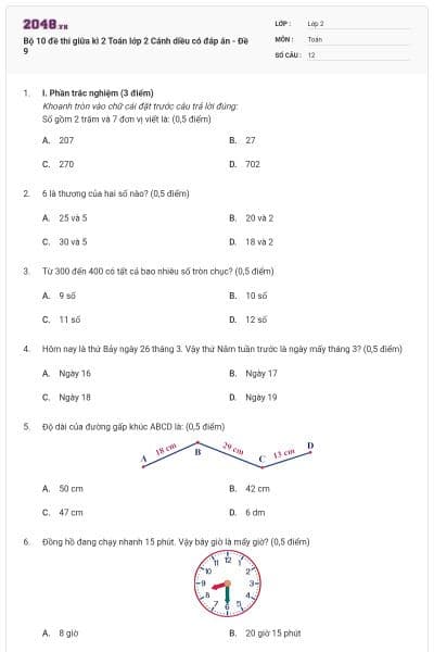 Bộ 10 đề thi giữa kì 2 Toán lớp 2 Cánh diều có đáp án - Đề 9