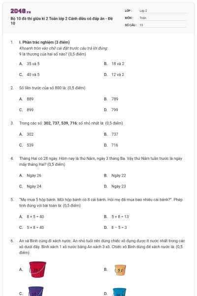 Bộ 10 đề thi giữa kì 2 Toán lớp 2 Cánh diều có đáp án - Đề 10