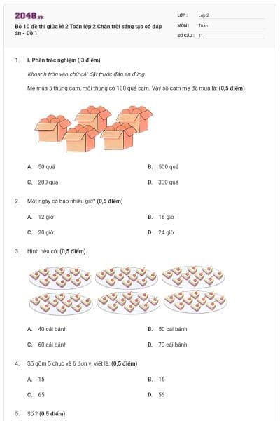 Bộ 10 đề thi giữa kì 2 Toán lớp 2 Chân trời sáng tạo có đáp án - Đề 1