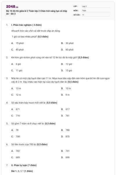 Bộ 10 đề thi giữa kì 2 Toán lớp 2 Chân trời sáng tạo có đáp án - Đề 3