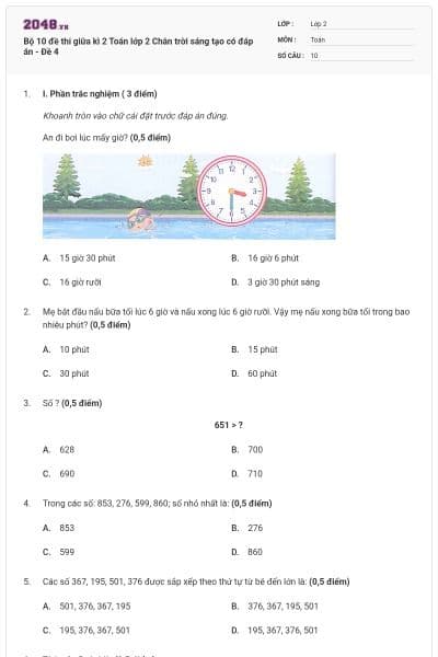 Bộ 10 đề thi giữa kì 2 Toán lớp 2 Chân trời sáng tạo có đáp án - Đề 4