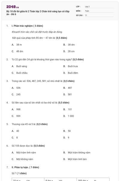 Bộ 10 đề thi giữa kì 2 Toán lớp 2 Chân trời sáng tạo có đáp án - Đề 6