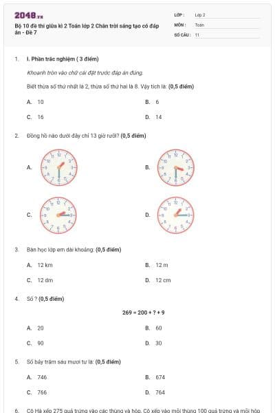 Bộ 10 đề thi giữa kì 2 Toán lớp 2 Chân trời sáng tạo có đáp án - Đề 7