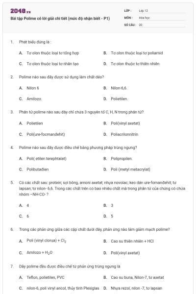 Bài tập Polime có lời giải chi tiết (mức độ nhận biết - P1)