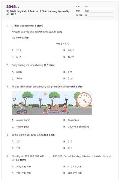 Bộ 10 đề thi giữa kì 2 Toán lớp 2 Chân trời sáng tạo có đáp án - Đề 8