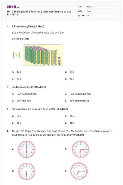 Bộ 10 đề thi giữa kì 2 Toán lớp 2 Chân trời sáng tạo có đáp án - Đề 10