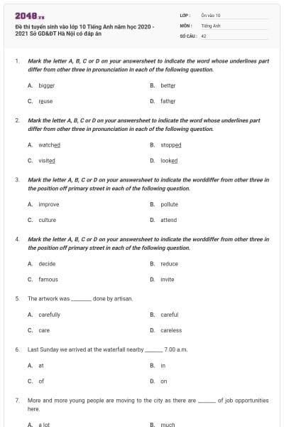 Đề thi tuyển sinh vào lớp 10 Tiếng Anh năm học 2020 - 2021 Sở GD&ĐT Hà Nội có đáp án
