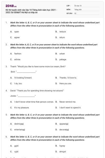 Đề thi tuyển sinh vào lớp 10 Tiếng Anh năm học 2021 - 2022 Sở GD&ĐT Hà Nội có đáp án