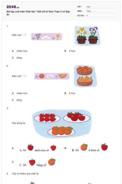 Bài tập cuối tuần Toán lớp 1 Kết nối tri thức Tuần 3 có đáp án