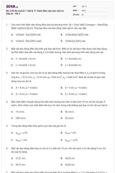 Bộ 3 đề thi cuối kì 1 Vật lý 11 Cánh diều cấu trúc mới có đáp án - Đề 2