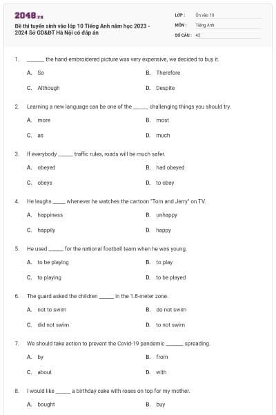 Đề thi tuyển sinh vào lớp 10 Tiếng Anh năm học 2023 - 2024 Sở GD&ĐT Hà Nội có đáp án