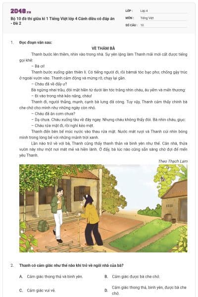 Bộ 10 đề thi giữa kì 1 Tiếng Việt lớp 4 Cánh diều có đáp án - Đề 2