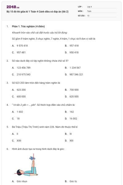 Bộ 15 đề thi giữa kì 1 Toán 4 Cánh diều có đáp án (Đề 2)