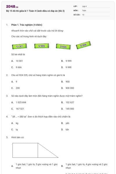 Bộ 15 đề thi giữa kì 1 Toán 4 Cánh diều có đáp án (Đề 3)