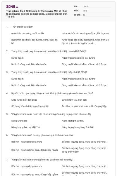 Trắc nghiệm Địa lí 10 Chương 3: Thủy quyển. Một số nhân tố ảnh hưởng đến chế độ nước sông. Một số sông lớn trên Trái Đất