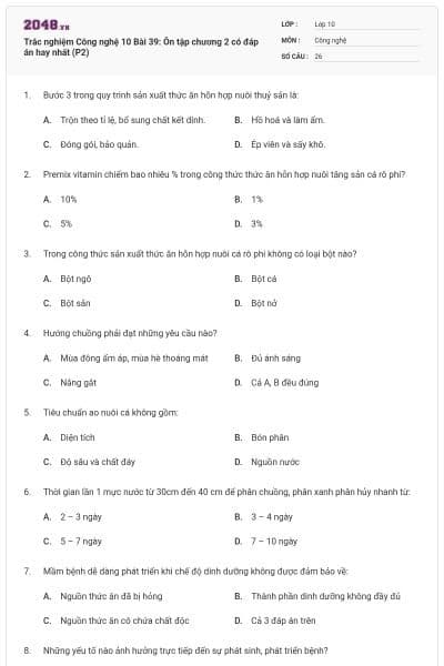 Trắc nghiệm Công nghệ 10 Bài 39: Ôn tập chương 2 có đáp án hay nhất (P2)