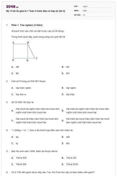 Bộ 15 đề thi giữa kì 1 Toán 4 Cánh diều có đáp án (Đề 4)