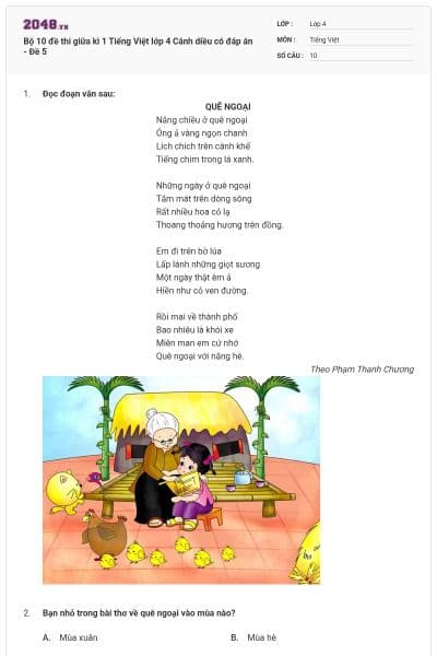 Bộ 10 đề thi giữa kì 1 Tiếng Việt lớp 4 Cánh diều có đáp án - Đề 5