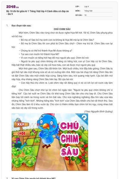 Bộ 10 đề thi giữa kì 1 Tiếng Việt lớp 4 Cánh diều có đáp án - Đề 9