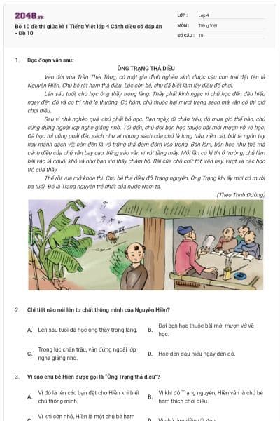 Bộ 10 đề thi giữa kì 1 Tiếng Việt lớp 4 Cánh diều có đáp án - Đề 10