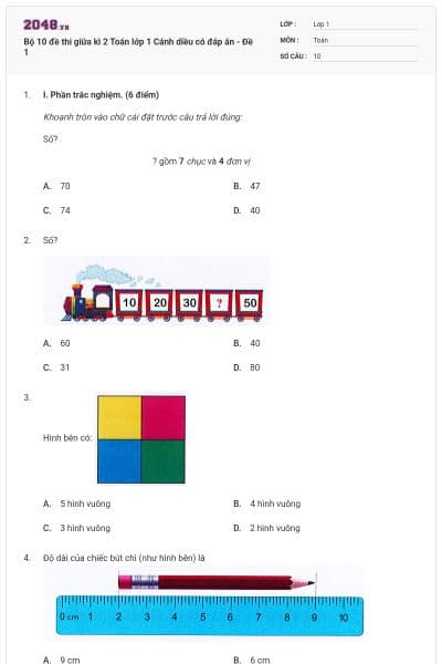 Bộ 10 đề thi giữa kì 2 Toán lớp 1 Cánh diều có đáp án - Đề 1