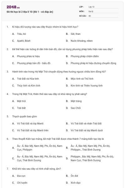 Đề thi học kì 2 Địa lí 10 (Đề 1 - có đáp án)