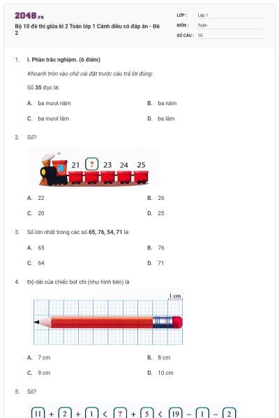 Bộ 10 đề thi giữa kì 2 Toán lớp 1 Cánh diều có đáp án - Đề 2