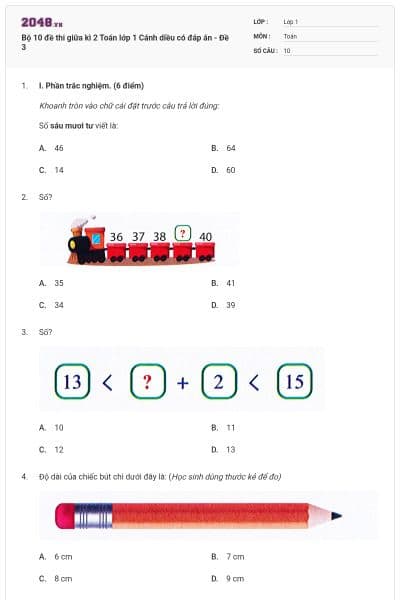 Bộ 10 đề thi giữa kì 2 Toán lớp 1 Cánh diều có đáp án - Đề 3