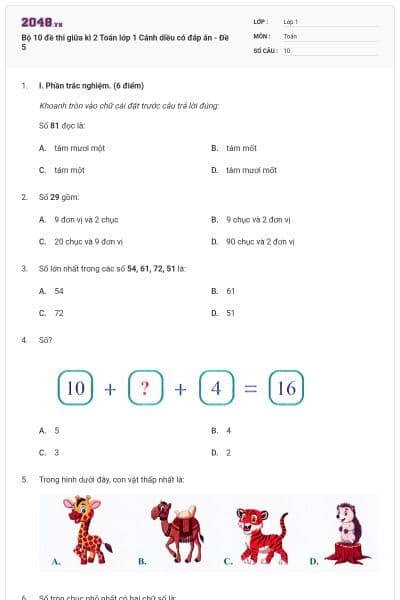 Bộ 10 đề thi giữa kì 2 Toán lớp 1 Cánh diều có đáp án - Đề 5