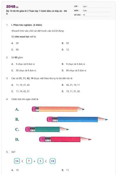 Bộ 10 đề thi giữa kì 2 Toán lớp 1 Cánh diều có đáp án - Đề 6