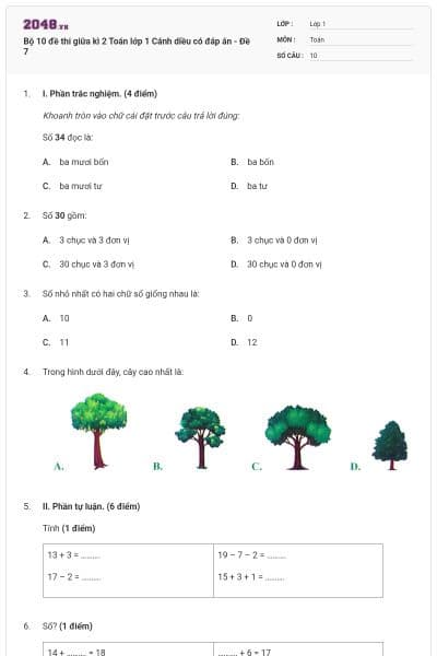 Bộ 10 đề thi giữa kì 2 Toán lớp 1 Cánh diều có đáp án - Đề 7