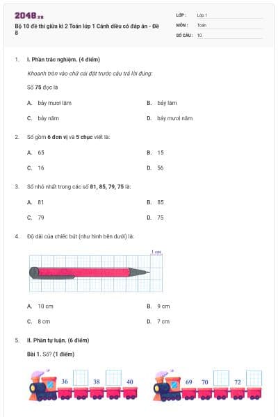 Bộ 10 đề thi giữa kì 2 Toán lớp 1 Cánh diều có đáp án - Đề 8