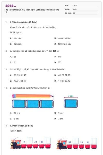 Bộ 10 đề thi giữa kì 2 Toán lớp 1 Cánh diều có đáp án - Đề 9