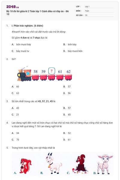 Bộ 10 đề thi giữa kì 2 Toán lớp 1 Cánh diều có đáp án - Đề 10