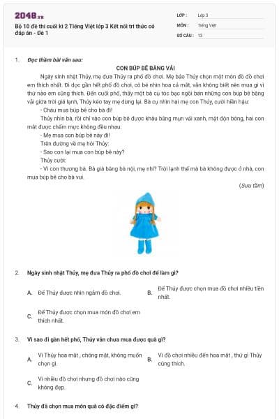 Bộ 10 đề thi cuối kì 2 Tiếng Việt lớp 3 Kết nối tri thức có đáp án - Đề 1