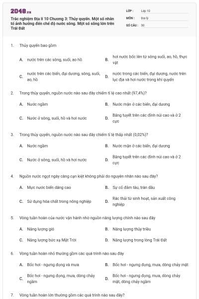 Trắc nghiệm Địa lí 10 Chương 3: Thủy quyển. Một số nhân tố ảnh hưởng đến chế độ nước sông. Một số sông lớn trên Trái Đất