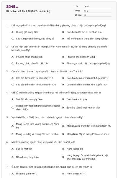 Đề thi học kì 2 Địa lí 10 (Đề 2 - có đáp án)