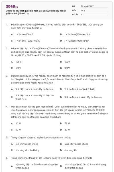 30 Đề thi thử thpt quốc gia môn Vật Lí 2020 cực hay nói lời giải chi tiết (Đề số 22)
