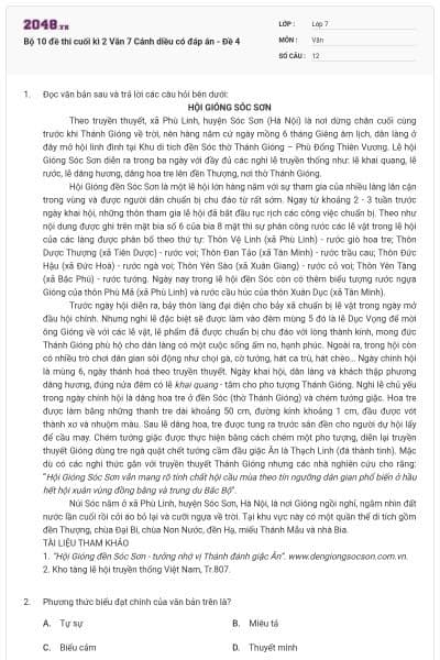 Bộ 10 đề thi cuối kì 2 Văn 7 Cánh diều có đáp án - Đề 4